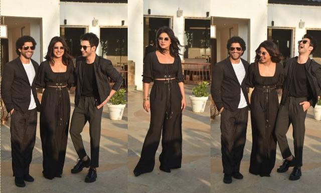Priyanka Chopra, Farhan Akhtar and Rohit Saraf promote The Sky Is Pink in Mumbai on Thursday. (Varinder Chawla)
