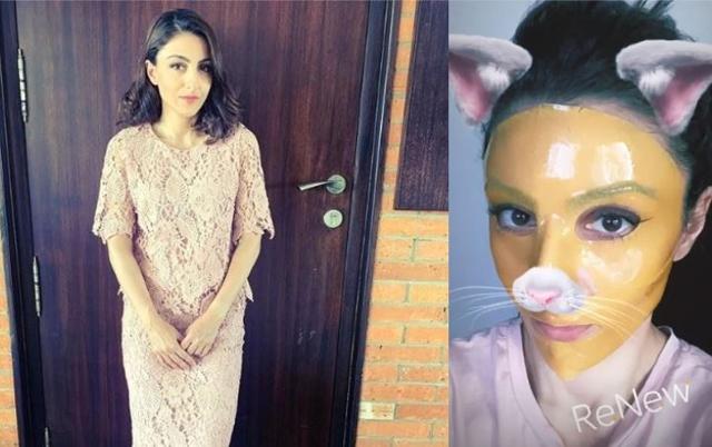 Soha shared a picture (right) from her beauty routine on Instagram.