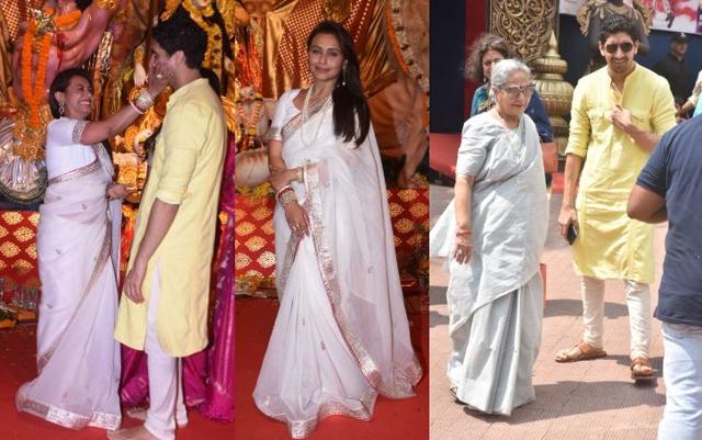 Rani Mukerji, Ayan Mukerji and Jaya Bachchan visit a Durga Puja pandal in Mumbai. (Varinder Chawla)