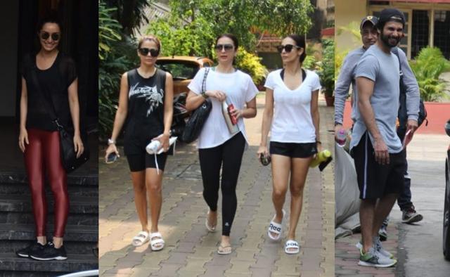 Shraddha Kapoor, Amrita Arora, Seema Khan, Malaika Arora and Shahid Kapoor during their respective fitness sessions. (Varinder Chawla)