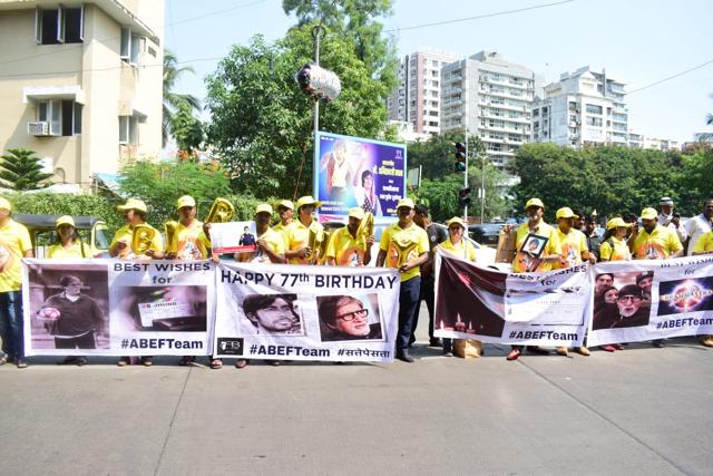 Amitabh Bachchan’s fans stand with posters of the actor near his house. (Varinder Chawla) Amitabh Bachchan’s fans stand with posters of the actor near his house. (Varinder Chawla)