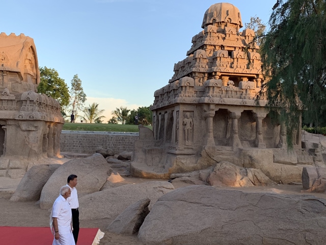 The two leaders also visited the Panch Rathas and the Shore Temple in Mahabalipuram, which is known for its architecture and temples which date back to the Pallava Dynasty (Photo: PMOIndia/ Twitter) The two leaders also visited the Panch Rathas and the Shore Temple in Mahabalipuram, which is known for its architecture and temples which date back to the Pallava Dynasty (Photo: PMOIndia/ Twitter)