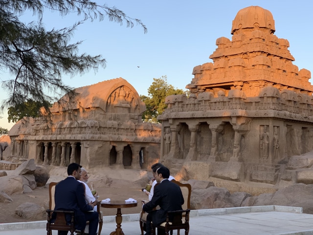 PM @narendramodi and President Xi Jinping are at the Pancha Rathas complex in Mamallapuram. (Photo: PMOIndia/ Twitter) PM @narendramodi and President Xi Jinping are at the Pancha Rathas complex in Mamallapuram. (Photo: PMOIndia/ Twitter)