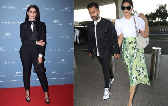Sonam Kapoor at an event (left) and with husband Anand Ahuja at the airport. (Varinder Chawla)