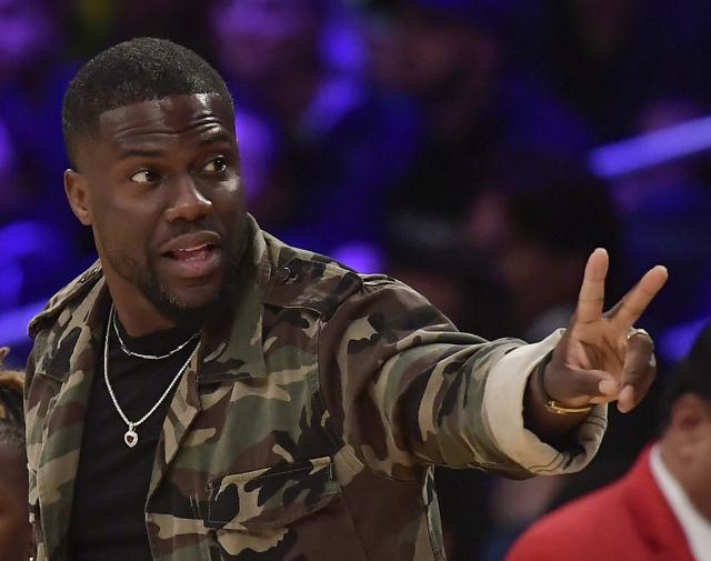 Kevin Hart gestures during the second half of an NBA basketball game between the Los Angeles Lakers and the Philadelphia 76ers in Los Angeles. (AP) Kevin Hart gestures during the second half of an NBA basketball game between the Los Angeles Lakers and the Philadelphia 76ers in Los Angeles. (AP)