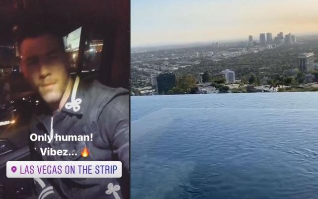 Nick Jonas head-banging in a car (left) and the view from their infinity pool in Las Vegas (right).
