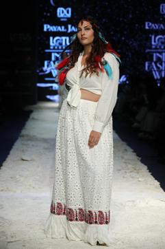 A model walks the ramp in an outfit by Payal Jain, who said she doesn’t believe in making clothes for selective women and has designed the collection keeping in mind the idea of fashion for all.