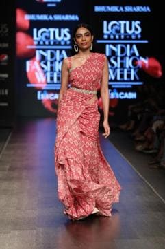 Actress Sobhita Dhulipala showcases the creation of fashion designer Bhumika Sharma on the third day of Lotus Make-up India Fashion Week. (IANS) Actress Sobhita Dhulipala showcases the creation of fashion designer Bhumika Sharma on the third day of Lotus Make-up India Fashion Week. (IANS)