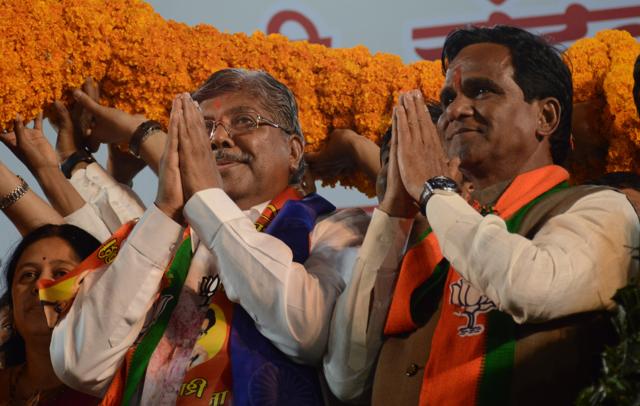 (From left)Medha Kulkarni, Chandrakanth Patil, Raosaheb Danve and Girish Bapat during the BJP public rally at Balewadi, on Sunday. (Milind Saurkar/HT Photo)