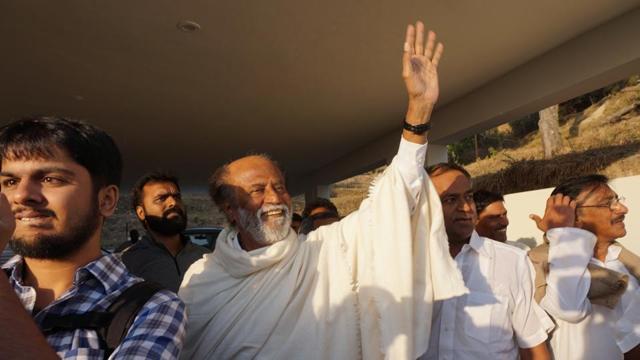 Rajnikant at Pandavkholi in 2018 where his spiritual Guru Mahaavtar Baba was believed to have lived. (HT Photo) Rajnikant at Pandavkholi in 2018 where his spiritual Guru Mahaavtar Baba was believed to have lived. (HT Photo)