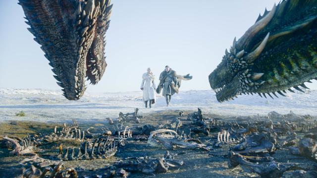 Emilia Clarke, left, and Kit Harington in a scene from the final season of Game of Thrones. (AP) Emilia Clarke, left, and Kit Harington in a scene from the final season of Game of Thrones. (AP)