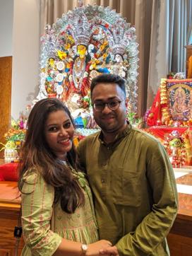 Garima and Soham get clicked with the idol of the goddess in the background Garima and Soham get clicked with the idol of the goddess in the background
