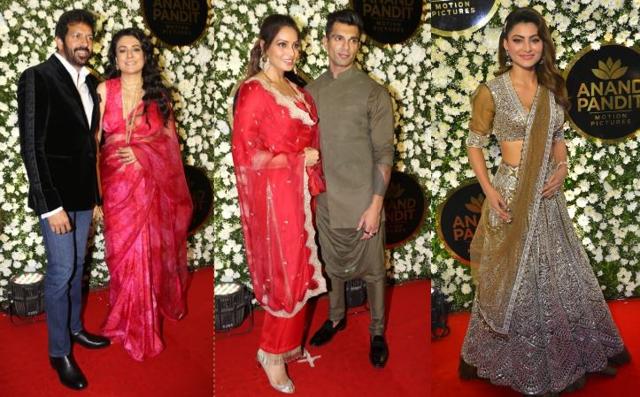 Kabir Khan with Mini Mathur, Bipasha Basu with Karan Singh Grover and Urvashi Rautela at Anand Pandit’s Diwali bash. (Varinder Chawla)