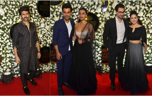 Kartik Aaryan, Rajkummar Rao and Patralekhaa and Sunny Leone with husband Daniel Weber at Anand Pandit’s Diwali bash. (Varinder Chawla)