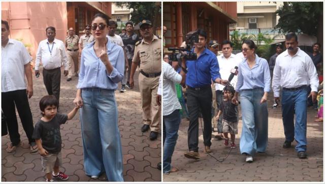 Kareena Kapoor with her son Taimur at a polling station.