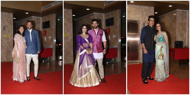 Atul Kasbekar, Aftab Shivdasani and Sonu Sood attended Ramesh Taurani’s Diwali party with their wives. (Varinder Chawla) Atul Kasbekar, Aftab Shivdasani and Sonu Sood attended Ramesh Taurani’s Diwali party with their wives. (Varinder Chawla)