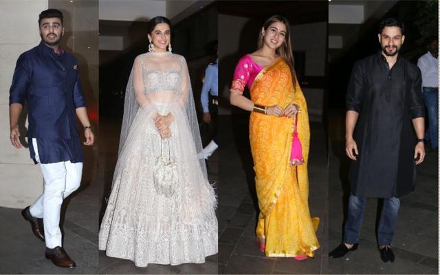 Arjun Kapoor, Taapsee Pannu, Sara Ali Khan and Kunal Kemmu at Jackky Bhagnani’s Diwali bash. (Varinder Chawla)