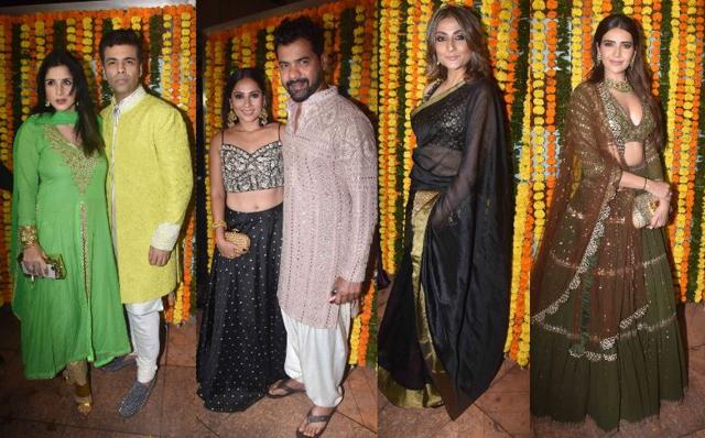 Maheep Kapoor, Karan Johar, Shabir Ahluwalia with wife, Urvashi Dholakia and Karishma Tanna at Ekta Kapoor’s Diwali bash. (Varinder Chawla)