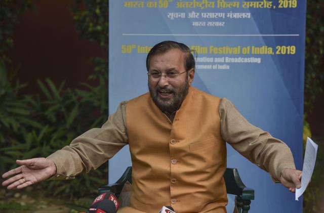 Union Minister of Information and Broadcasting Prakash Javadekar addresses a press conference, in New Delhi, Saturday, Nov. 2, 2019. (PTI) Union Minister of Information and Broadcasting Prakash Javadekar addresses a press conference, in New Delhi, Saturday, Nov. 2, 2019. (PTI)