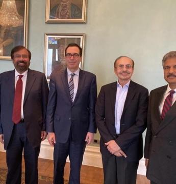 US treasury secretary Steven Mnuchin with Adi Godrej, Anand Mahindra and Harsh Goenka. US treasury secretary Steven Mnuchin with Adi Godrej, Anand Mahindra and Harsh Goenka.