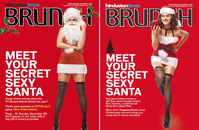 In December 2017, Taapsee Pannu appeared on the cover of HT Brunch with a beard and readers guessed who was their Secret Santa. Her pic was revealed on Christmas Day. In December 2017, Taapsee Pannu appeared on the cover of HT Brunch with a beard and readers guessed who was their Secret Santa. Her pic was revealed on Christmas Day.