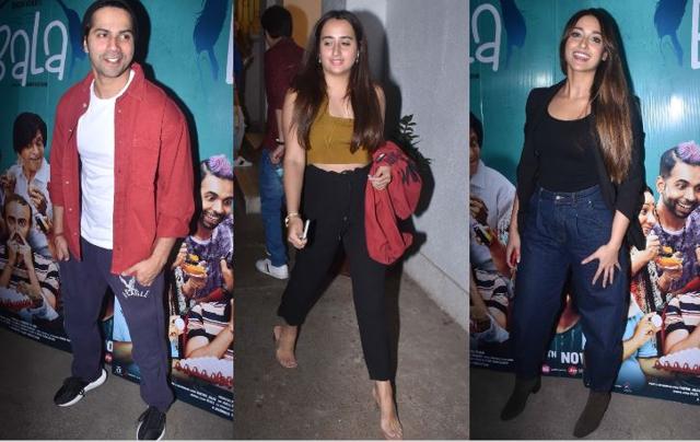 Varun Dhawan, his girlfriend Natasha Dalal and Ileana D’Cruz at the Bala screening in Mumbai. (Varinder Chawla)