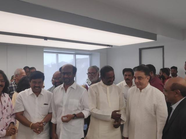 Kamal Haasan, Rajinikanth and veteran lyricist Vairamuthu at the launch. Kamal Haasan, Rajinikanth and veteran lyricist Vairamuthu at the launch.