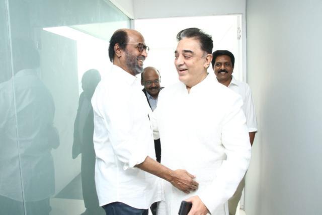 Rajinikanth greets Kamal Haasan. Rajinikanth greets Kamal Haasan.