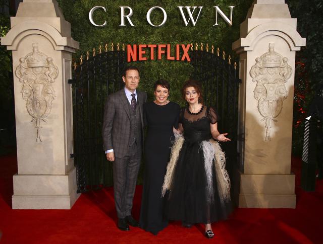 Actors Helena Bonham Carter, from left, Olivia Colman and Tobias Menzies pose for photographers. (Joel C Ryan/Invision/AP) Actors Helena Bonham Carter, from left, Olivia Colman and Tobias Menzies pose for photographers. (Joel C Ryan/Invision/AP)