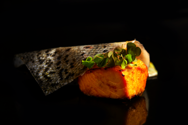 Masala Library serves a Punjab-inspired chilli and ginger salmon roast with gur keri chutney as a part of its five-course tasting menu.