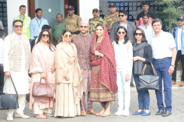 Deepika Padukone and Ranveer Singh with their families at the airport in Mumbai. (Varinder Chawla) Deepika Padukone and Ranveer Singh with their families at the airport in Mumbai. (Varinder Chawla)