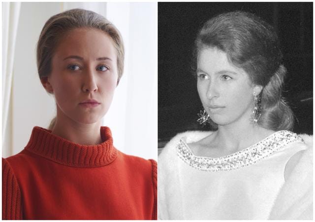 Erin Doherty portraying Princess Anne in a scene from the third season of The Crown, left, and Princess Anne arriving at the Royal Opera House in London on Feb. 29, 1968. (AP) Erin Doherty portraying Princess Anne in a scene from the third season of The Crown, left, and Princess Anne arriving at the Royal Opera House in London on Feb. 29, 1968. (AP)