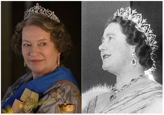 This combination of photos shows actress Marion Bailey portraying Queen Elizabeth the Queen Mother in a scene from the third season of The Crown, left, and Queen Elizabeth, the Queen Mother at the Royal Academy of Dramatic Art in London on Dec. 6, 1954. (AP) This combination of photos shows actress Marion Bailey portraying Queen Elizabeth the Queen Mother in a scene from the third season of The Crown, left, and Queen Elizabeth, the Queen Mother at the Royal Academy of Dramatic Art in London on Dec. 6, 1954. (AP)