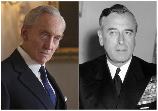 Charles Dance portraying Lord Louis Mountbatten in a scene from the third season of The Crown, left, and Lord Mountbatten in London on April 22, 1955. (AP) Charles Dance portraying Lord Louis Mountbatten in a scene from the third season of The Crown, left, and Lord Mountbatten in London on April 22, 1955. (AP)