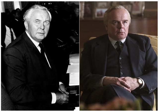 British Prime Minister Harold Wilson during opening session of the Commonwealth Prime Ministers Conference at Marlborough House in London on Sept. 6, 1966, left, and actor Jason Watkins portraying Wilson in a scene from The Crown. (AP) British Prime Minister Harold Wilson during opening session of the Commonwealth Prime Ministers Conference at Marlborough House in London on Sept. 6, 1966, left, and actor Jason Watkins portraying Wilson in a scene from The Crown. (AP)