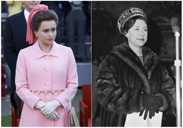 Helena Bonham Carter, portraying Princess Margaret, in a scene from the third season of The Crown, left, and Princess Margaret attending the Abbey Treasures Exhibition in the Norman Undercroft of Westminster Abbey in London on Jan. 13, 1966. (AP) Helena Bonham Carter, portraying Princess Margaret, in a scene from the third season of The Crown, left, and Princess Margaret attending the Abbey Treasures Exhibition in the Norman Undercroft of Westminster Abbey in London on Jan. 13, 1966. (AP)