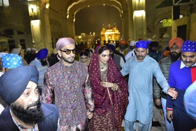 Ranveer Singh and Deepika Padukone accompanied by their families at the Golden Temple in Amritsar. (Sameer Sehgal/Hindustan Times ) Ranveer Singh and Deepika Padukone accompanied by their families at the Golden Temple in Amritsar. (Sameer Sehgal/Hindustan Times )