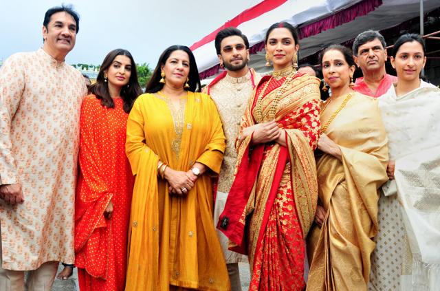 Ranveer Singh and Deepika Padukone along with their family members at Tirumala Tirupati Temple on the occasion of their first wedding anniversary in Chittoor district of Andhra Pradesh. (PTI) Ranveer Singh and Deepika Padukone along with their family members at Tirumala Tirupati Temple on the occasion of their first wedding anniversary in Chittoor district of Andhra Pradesh. (PTI)
