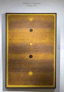 VS Gaitonde’s untitled oil-on-canvas from 1974 saw go bids go up to 19.5 crore; it was estimated to fetch Rs 20 crore and therefore remained unsold. (Aalok Soni / HT Photo)