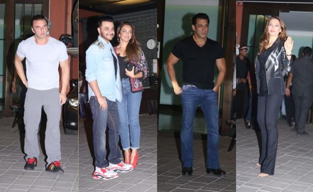 Sohail Khan, Sanjay Kapoor, Seema Khan, Salman Khan, Iulia Vantur at Arpita Khan and Aayush Sharma’s wedding anniversary bash. (Varinder Chawla)