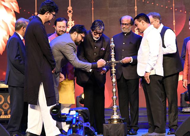 Goa, Nov 20 (ANI): Film actor Rajnikanth, Amitabh Bachchan along with Union Minister of Information and Broadcasting Prakash Javadekar, Goa Chief Minister Pramod Sawant, and others light a lamp during the opening ceremony of International Film Festival of India 2019 (IFFI) in Panaji on Wednesday. Goa, Nov 20 (ANI): Film actor Rajnikanth, Amitabh Bachchan along with Union Minister of Information and Broadcasting Prakash Javadekar, Goa Chief Minister Pramod Sawant, and others light a lamp during the opening ceremony of International Film Festival of India 2019 (IFFI) in Panaji on Wednesday.