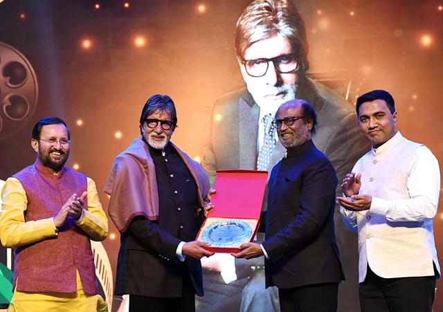 Veteran cinestar Amitabh Bachchan being felicitated by the Chief Guests of IFFI, Superstar Rajinikanth at the inauguration of the 50th International Film Festival of India (IFFI-2019), in Panaji, Goa on Thursday. Union Minister Prakash Javadekar, and the Chief Minister of Goa, Pramod Sawant are also seen. (ANI) Veteran cinestar Amitabh Bachchan being felicitated by the Chief Guests of IFFI, Superstar Rajinikanth at the inauguration of the 50th International Film Festival of India (IFFI-2019), in Panaji, Goa on Thursday. Union Minister Prakash Javadekar, and the Chief Minister of Goa, Pramod Sawant are also seen. (ANI)