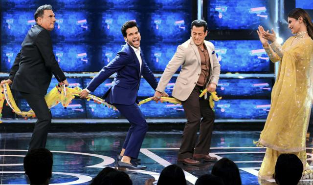Bollywood actors Boman Irani, Rajkummar Rao and Mouni Roy with Bigg Boss host Salman Khan. (PTI) Bollywood actors Boman Irani, Rajkummar Rao and Mouni Roy with Bigg Boss host Salman Khan. (PTI)