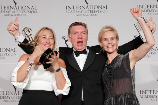 Daniela Neumann, Nick Bullen and Eleanor Bailey pose with their award for Non-Scripted Entertainment for The Real Full Monty: Ladies' Night from the United Kingdom at the 47th International Emmy Awards. (REUTERS) Daniela Neumann, Nick Bullen and Eleanor Bailey pose with their award for Non-Scripted Entertainment for The Real Full Monty: Ladies' Night from the United Kingdom at the 47th International Emmy Awards. (REUTERS)