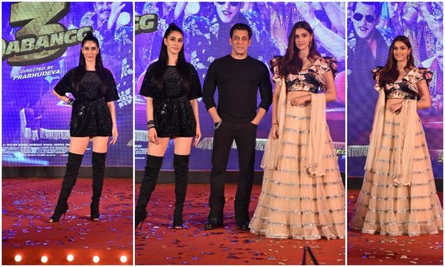 Salman Khan, Warina Hussain and Saiee Manjrekar at the launch, Salman Khan, Warina Hussain and Saiee Manjrekar at the launch,