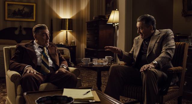 This image released by Netflix shows Al Pacino portraying Jimmy Hoffa, left, and Robert De Niro as Frank Sheeran in a scene from The Irishman. (AP) This image released by Netflix shows Al Pacino portraying Jimmy Hoffa, left, and Robert De Niro as Frank Sheeran in a scene from The Irishman. (AP)