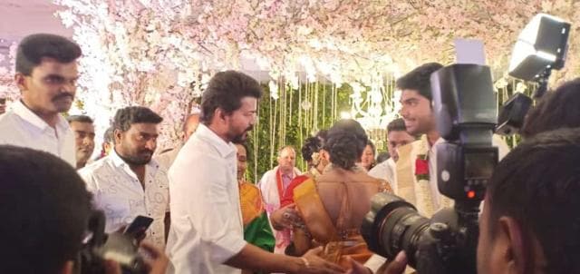 Vijay at a Chennai wedding. Vijay at a Chennai wedding.