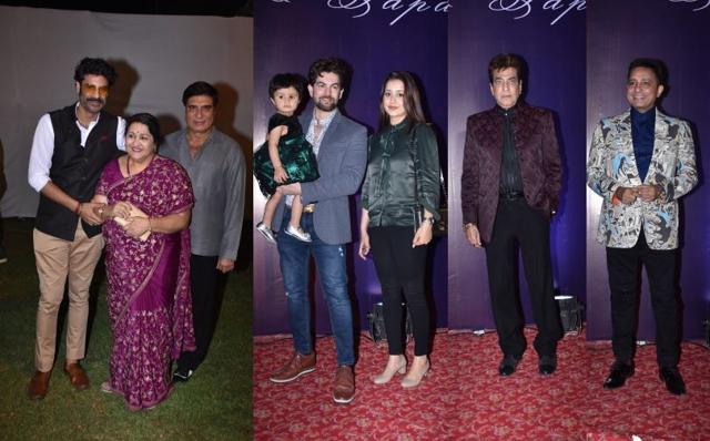 Sikandar Kher with Raj and Nadira Babbar, Neil Nitin Mukesh with family, Jeetendra and Sukhwinder Singh at Shaarika’s wedding reception. (Varinder Chawla)
