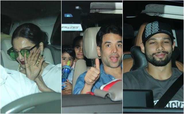 Rekha, Tusshar Kapoor and son Laksshya, and Siddhant Chaturvedi at Adira Chopra’s birthday bash. (Varinder Chawla) Rekha, Tusshar Kapoor and son Laksshya, and Siddhant Chaturvedi at Adira Chopra’s birthday bash. (Varinder Chawla)