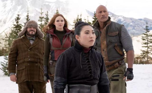 Jack Black, Karen Gillan, Awkwafina and Dwayne Johnson in a still from Jumanji: The Next Level.